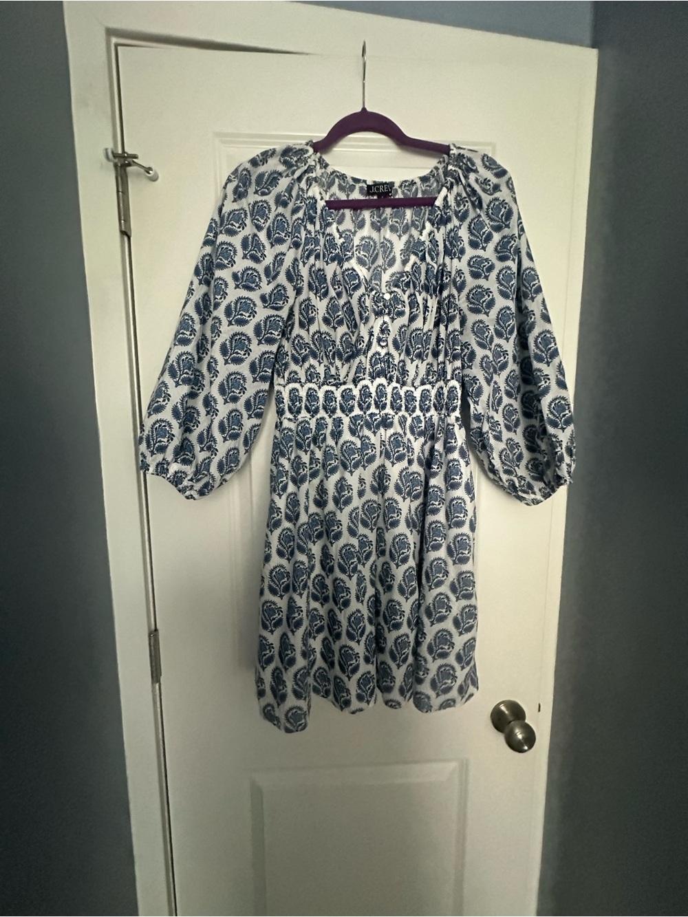 J Crew Blue & White Printed Smocked Waist Dress - Size S